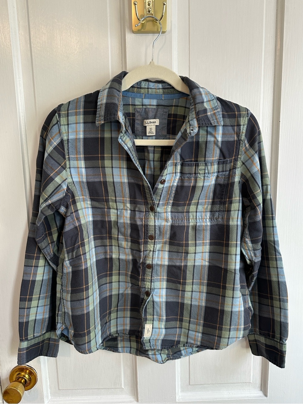 L.L. Bean Navy, Light Blue & Green Plaid Shirt